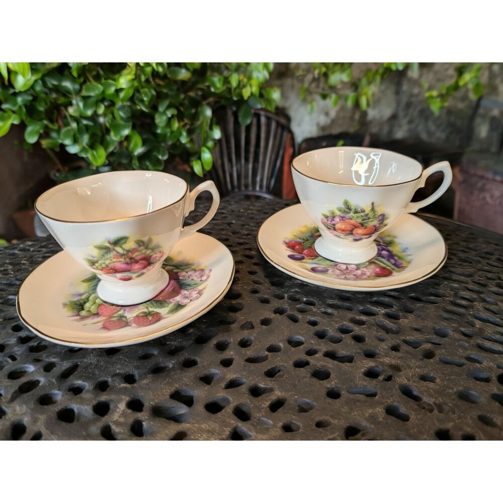 Royale Garden Fruit Medley Bone China Tea Cups & Saucers Set Of 2 Staffordshire